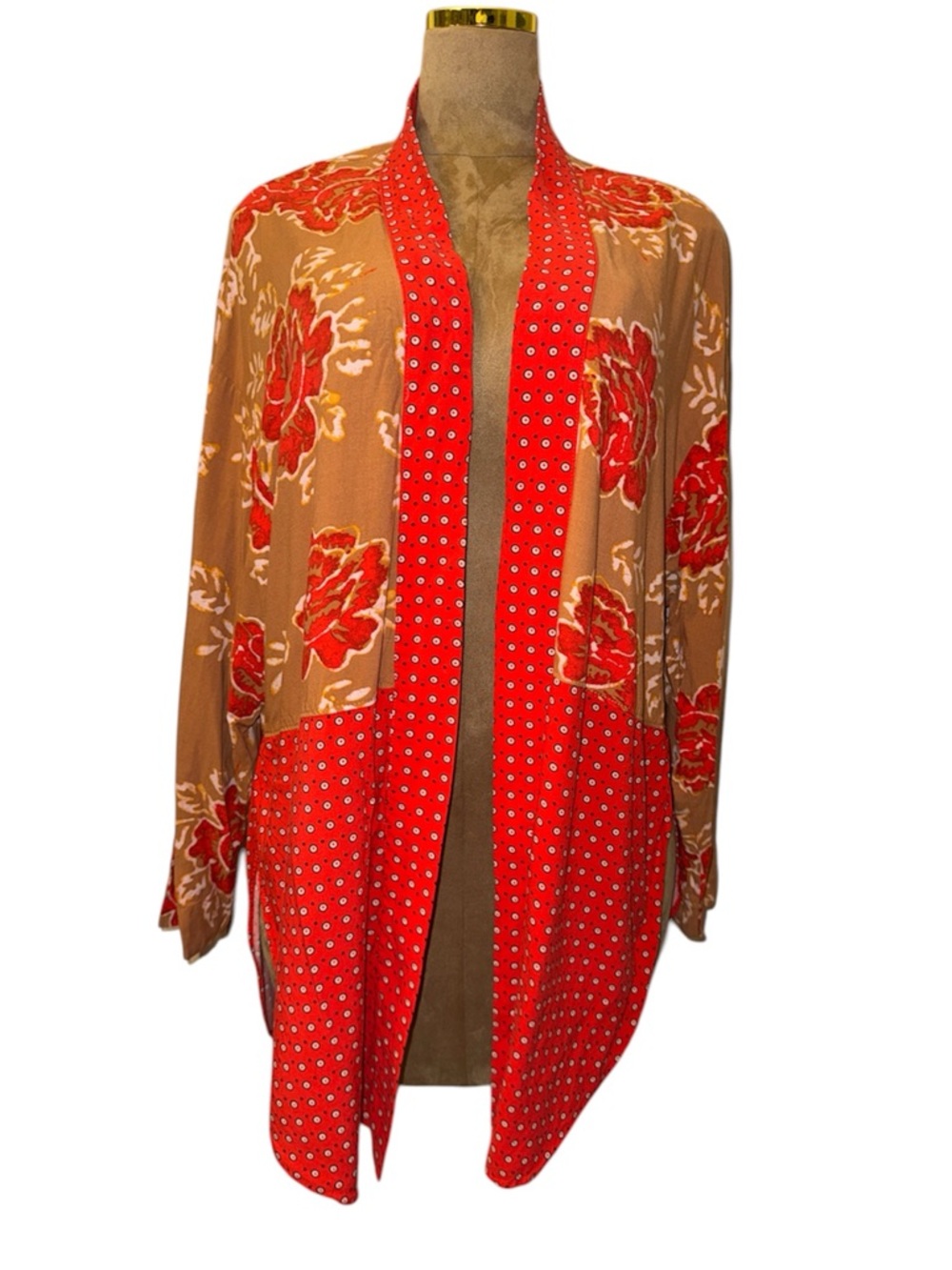 Free People Red and Tan Floral Open Cardigan
